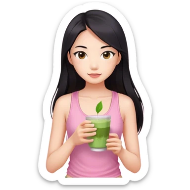 Asian woman with long black hair, brown eyes, pink tank, holding Matcha cup  sticker