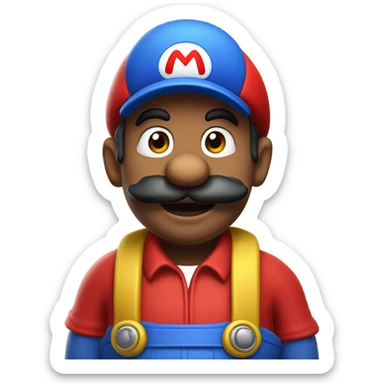 Mario plumber from the game with a black mustache red hat with a letter M on it and a blue trousers with yellow knobs on them and a red jacket sticker
