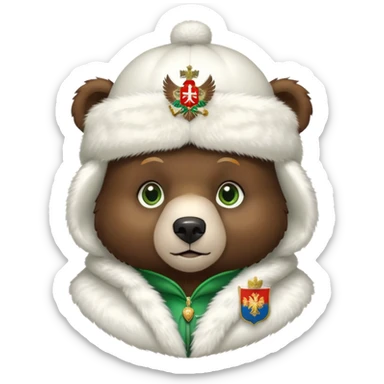 Very cute dark brown bear face with big green eyes and sweet expression, wearing a completely white fur hat with the Russian Federation coat of arms (double-headed eagle) in the center sticker