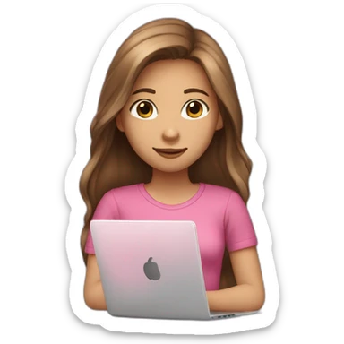 Girl with long brown hair light skin and looking at laptop, pink shirt sticker