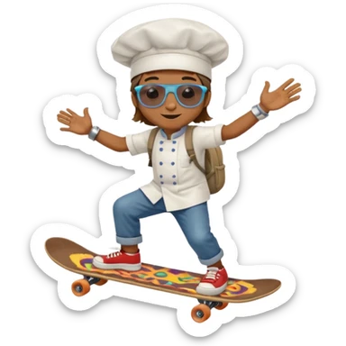 ["A happy boy with brown skin, straight hair, wearing a chef hat and sunglasses, dressed in hippie fashion, is skateboarding while holding a backpack."] sticker