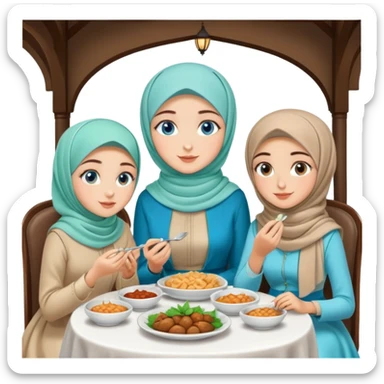 Turkish beautiful finish Konya girls blue eyes with lovely mint hijab long tail dress and the two friends sits on the chair on the ground and eating the food in the restaurant  sticker