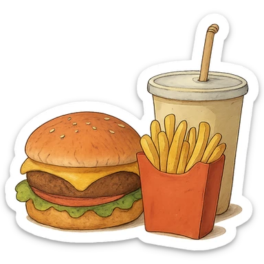 ghibli style burger meal set with fries and drink sticker