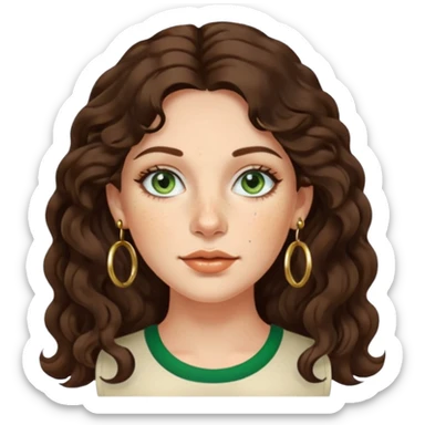 Attractive italian woman with a wide face, freckles, Long wavy dark hair and gold hoop earrings and green eyes sticker