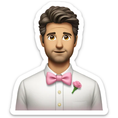 adam scott wearing a white button up and a pink bowtie sticker
