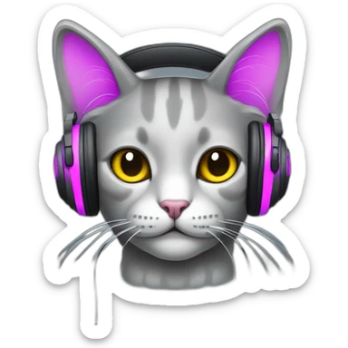 un gato gris con auriculares neon  sticker
