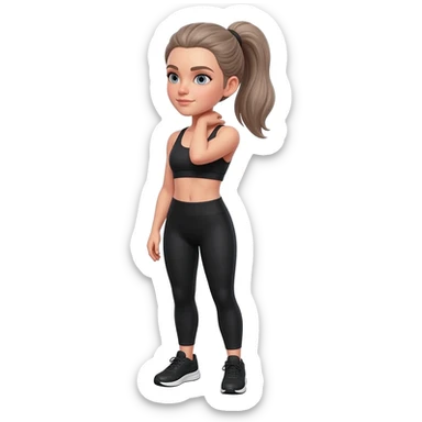 hand on neck, shoulder release pose, fair-skinned woman, gray-blue eyes, ash brown brows, ash light brown hair tied back, slim athletic body, black workout set, black sneakers with white soles sticker