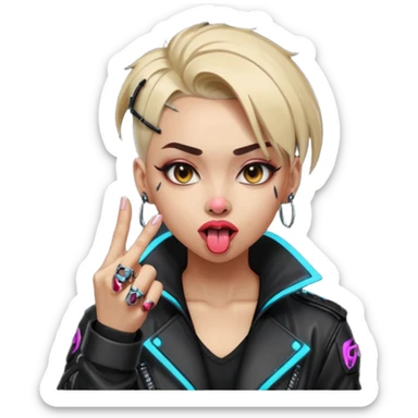 Woman with her tongue out in cyberpunk clothing and giving the middle finger. Looking naughty. sticker