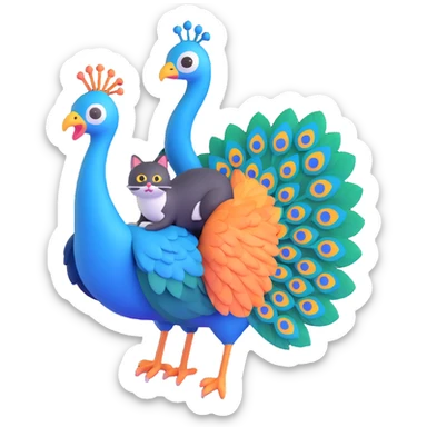 silly peacock with a cat, cat riding on peacock's back sticker