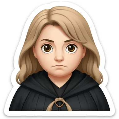 Alecto Carrow in harry potter, a woman fat, light brown knot tied hair, look evil, black cloak sticker