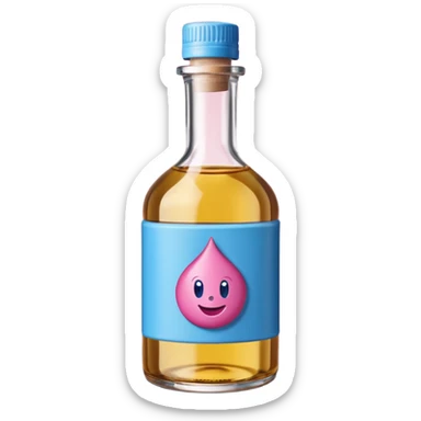 Smiling bottle of oil blue top pink outside with logo that says Diddy oil sticker