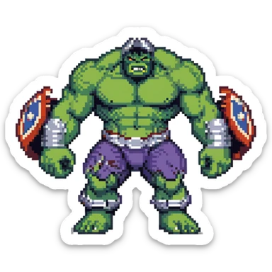Joe Fixit gray Hulk, Gladiator Hulk with helmet, and Banner-Hulk merged form in 8-bit arcade style sticker