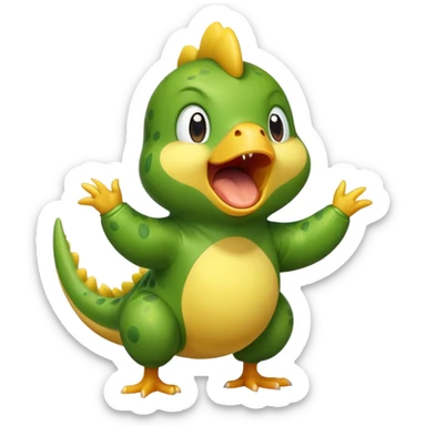 Un pulcino che indossa una tuta da dinosauro verde si sta svegliando ora e sbadiglia  sticker