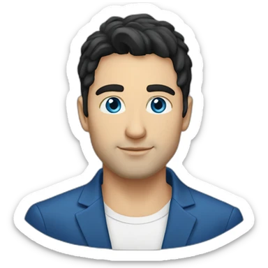 30 year old man, caucasian, black hair, blue eyes, blazer, t-shirt sticker