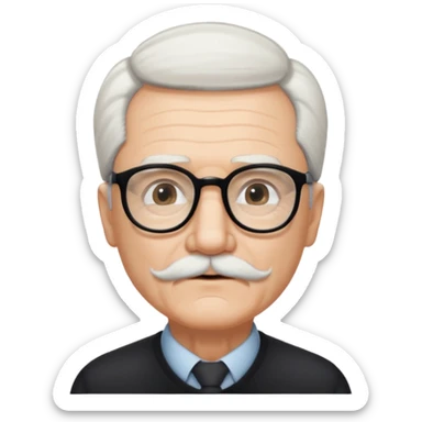 An elderly man with neatly combed white hair swept back, giving a tidy and classic look, and wears black rectangular glasses. His face is oval-shaped with  a small white mustache above his lips.d. sticker