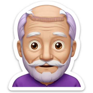 Abuelo hombre con ropa morada, ojos cafés, muchas arrugas, aspecto feliz, el pelo debe ser blanco no morado. sticker