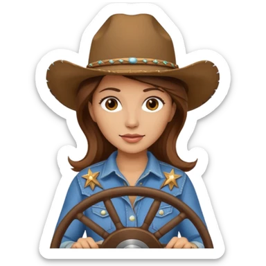 ["Light-skinned cowgirl, brown hair, wearing a cowboy hat, holding the wheel."] sticker