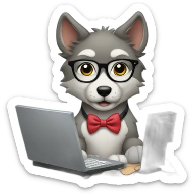 a wolf cub with glasses and a bow tie working on a computer. sticker