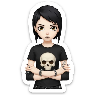 vkei styled black hair, pale skin, brown eyes with eyeliner (emo looking) and black shirt with skull and punk bracelets sticker