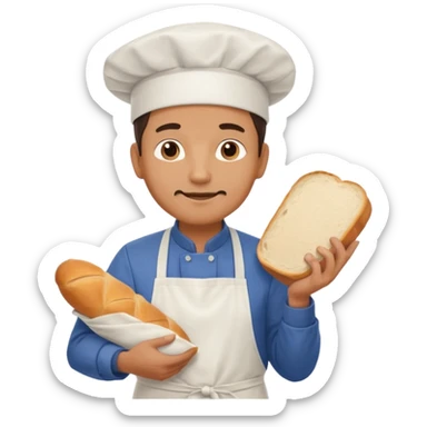 Middle aged male pastry chef - apron, white hat, holding a bag of bread sticker