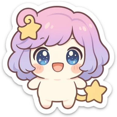 Stella Puff (星星噗噗) kawaii chibi style, front view, smiling happily, sparkling big glassy blue-violet eyes, puffy pastel pink-purple gradient hair with yellow star swirl, creamy white round body, coral pink blush, short arms and legs, soft golden star tail, clean lines, transparent background sticker