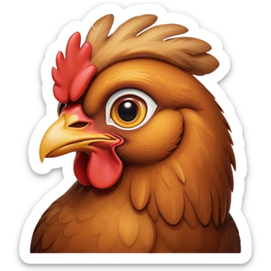 Cinematic Noble Brown Chicken Portrait Emoji, Poised and regal, with a compact, sturdy build and a warm, well-groomed brown plumage, deep-set soulful beady eyes, Simplified yet sharp and sophisticated features, highly detailed, glowing with a soft, dignified glow, high shine, intelligent and earthy, stylized with an air of rustic elegance, focused and attentive, soft glowing outline, capturing the essence of a watchful and confident fowl, so majestic it feels as though it could strut out of the screen with effortless authority! sticker