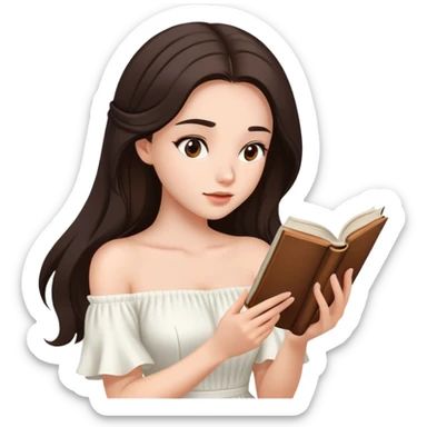 Beautiful woman in 1950’s woman fashion look, off-shoulder white dress, long dark brown hair, reading  sticker