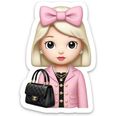 Hello Kitty wears in Chanel with a black bag Timeles sticker