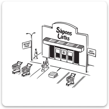 Isometric supermarket building with glass entrance, shopping cart return areas, and parking spaces sticker