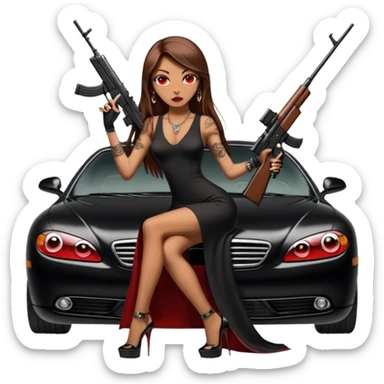 Lilith tan skin female red eyes symbol. Tattoo arms. Her hair is brown straight long hair.wearing sexy long sexy Chanel dress with slit. black stiletto thick platform high heels shoes on. Sitting on giant luxury car with cash inside . She is holding a sniper rifle in one hand cash in other hand sticker