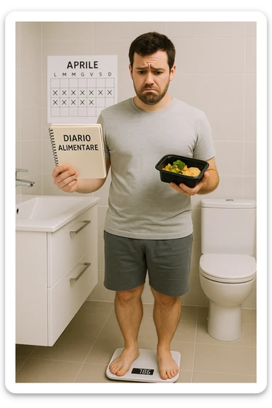 Uomo sulla trentina in piedi su una bilancia in bagno, con espressione delusa e confusa. In mano tiene un diario alimentare e un contenitore per i pasti già preparati, segno che sta seguendo una dieta. Dietro di lui un calendario con settimane segnate, ma senza cambiamenti. Il suo corpo appare identico a prima, senza progressi visibili. La bilancia digitale mostra lo stesso numero. Ambientazione pulita e moderna, toni neutri. Atmosfera di frustrazione e demotivazione, luce soffusa. scrivi tutti i testi in italiano sticker