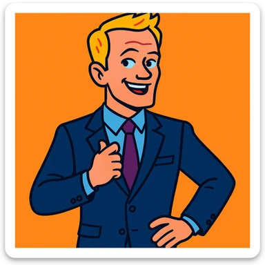 Barney Stinson from How I Met Your Mother, suited up, confident pose, cartoon style sticker