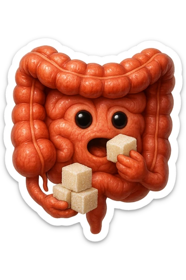 emoji stile iphone di un intestino anatomico che mangia zollette di zucchero, iperrealistico 4k, isolato su sfondo bianco sticker