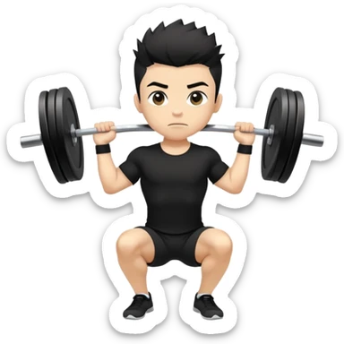 A boy with wheat color skin, black color front spike hair and wearing a black shirt is doing an overhead squat with a lot of weight on the barbell sticker