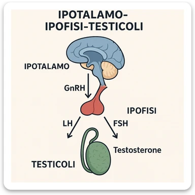 clear and realistic infographic of the HPT axis (hypothalamus-pituitary-testes): showing hypothalamus, pituitary gland, and testes connected by arrows, including hormone names (GnRH, LH, FSH, testosterone), simple diagram, distinct colors for each part, scritte in italiano sticker