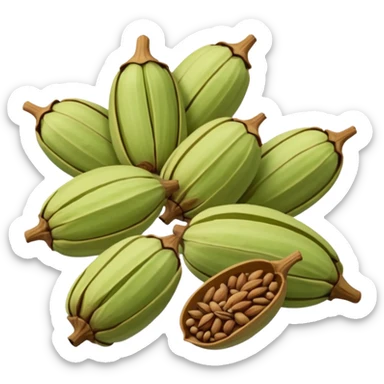 small scatter of whole cardamom pods, oval ridged shape, pale green to light brown hues, slightly wrinkled dry surface, visible seams and pointed ends, aromatic spice seeds inside, apple emoji style, soft lighting, subtle shadows, transparent background, emoji scale sticker