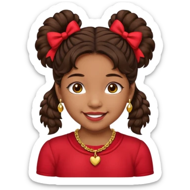 Brownskin girl dark brown hair fluffy. pigtails with red bows brown eyes smiling closed mouth red shirt gold esrrings gold necklace sticker