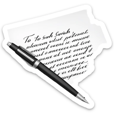 a paper letter with "TO SARAH" text written at the top of the letter, with a pen lying next to it sticker