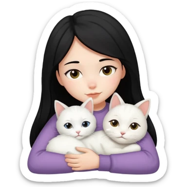 black-hair-girl snuggle with white cat sticker