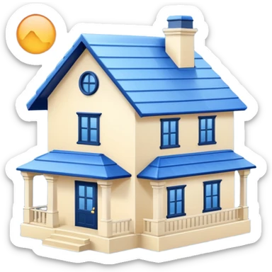 a creamy-colored house with dark blue trim and a blue roof sticker