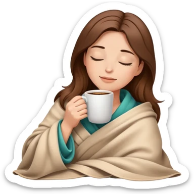 Relaxed woman with brown hair in blanket holding coffee cup with closed eyes sticker