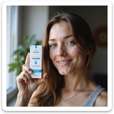 hyperrealistic photo of a woman with PCOS holding a box of inositol, face with acne and facial hair, thin hair, smiling expression, home environment, natural light sticker