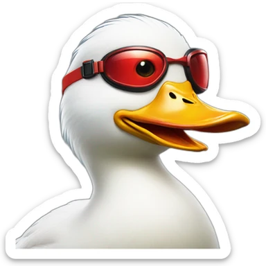 White Angry duck with a pair of red goggles on its head. head and shoulders sticker