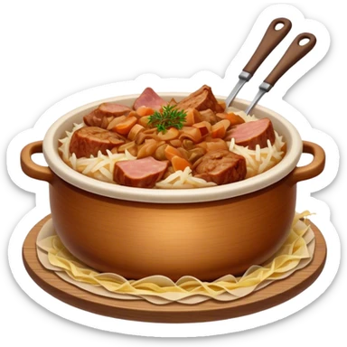 Cinematic Realistic Bigos Dish Emoji, showcasing a hearty stew of sauerkraut and meats rendered with rich textures and dynamic, rustic lighting. sticker