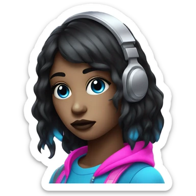 Girl, dark hair, neon pink blue, music, cry, emoji, cartoon, futuristic  sticker