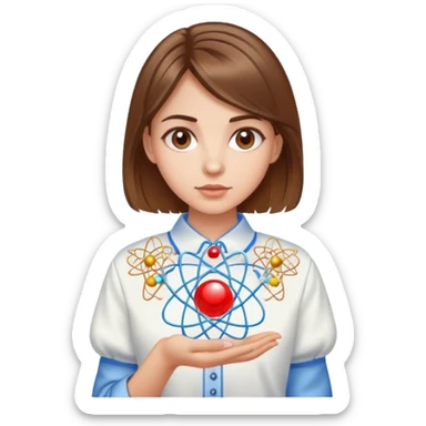 a Ukrainian girl with brown hair in an embroidered shirt and an atom sticker