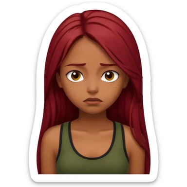 a brown girl with straight long dark red hair, black tank top, . Looking sad sticker