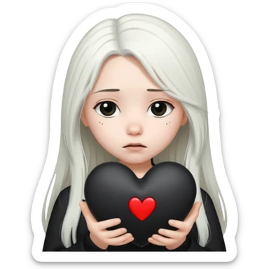 A girl with long white hair is sad and holds a black heart in her hands sticker