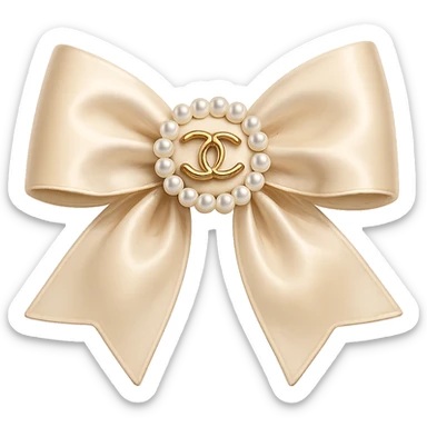 Remove the background, keep only the elegant bow with pearls and gold Chanel logo, glossy, pastel colors, realistic style, with no background. beige sticker