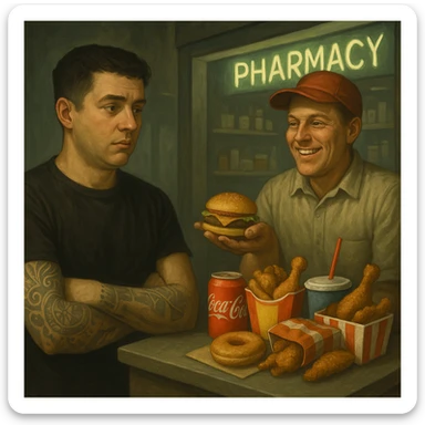 Create an editorial, semi-realistic style scene showing a man being sold processed, unhealthy food such as sodas, fried snacks, sugary pastries, and fast food by a smiling vendor. The man looks unaware or mildly curious. In the background, include a pharmacy or drugstore with a glowing sign clearly visible, symbolizing the consequences of this consumption. Use muted colors for the overall scene except for the bright food packaging and the glowing pharmacy sign, suggesting a cycle of consumption and medication. Maintain the original composition and details from the reference image. sticker